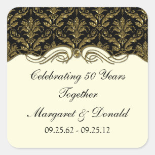 Vintage Damask Black and Gold 50th Anniversary Square Sticker