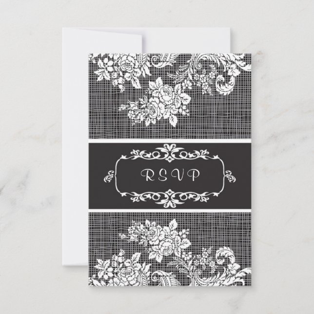 Vintage Damask black and white RSVP Invitation (Front)