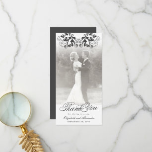 Vintage Damask Black Floral Flourish Photo Wedding Thank You Card