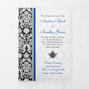 Vintage Damask Blue Black Tri-Fold Wedding Program
