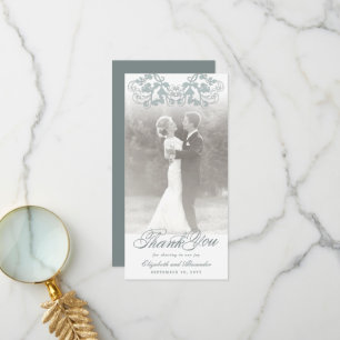 Vintage Damask Blue Floral Flourish Photo Wedding Thank You Card
