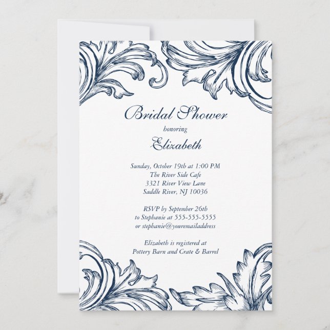 Vintage Damask Bridal Shower Invitation Blue (Front)