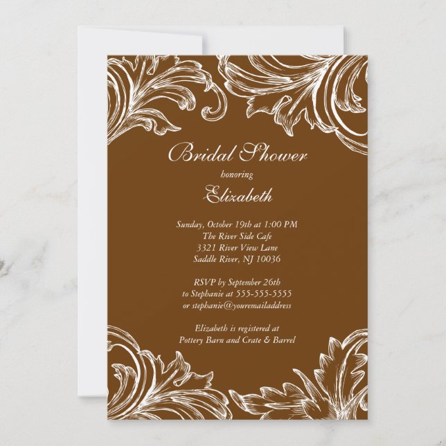 Vintage Damask Bridal Shower Invitation Fall Brown (Front)