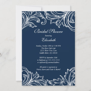 Vintage Damask Bridal Shower Invitation Navy Blue