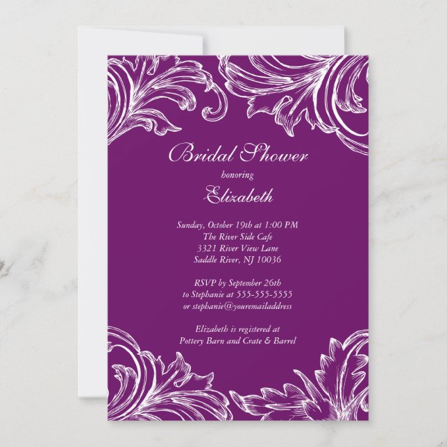 Vintage Damask Bridal Shower Invitation Purple (Front)