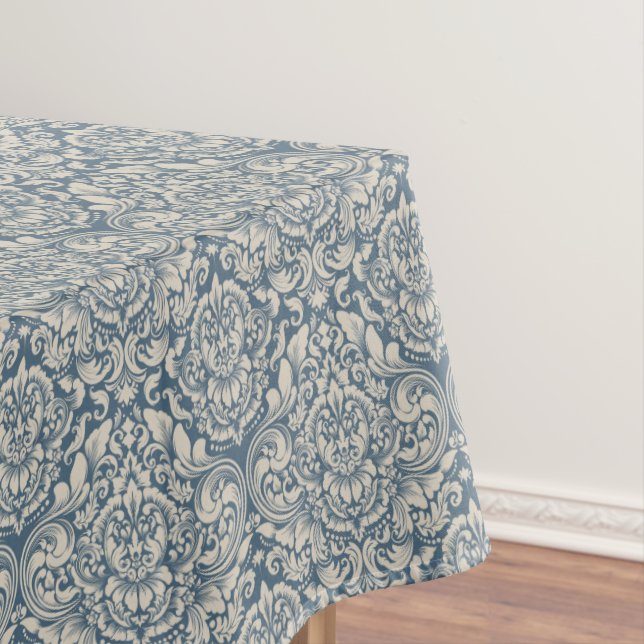 Vintage Damask Brocade Flourish on Blue Tablecloth (In Situ)