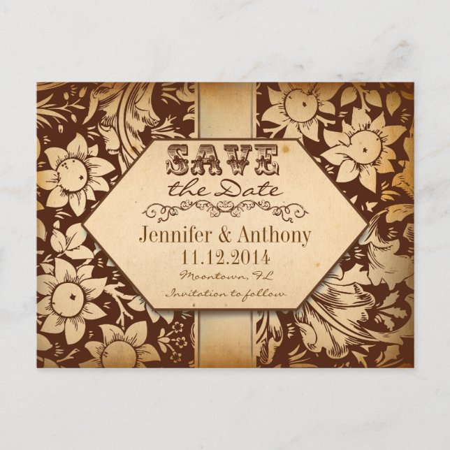 vintage damask brown save the date post cards (Front)