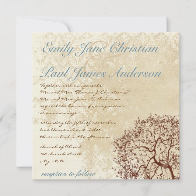 Vintage Damask Brown Tree Teal Font Wedding Invite (Front)