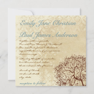 Vintage Damask Brown Tree Teal Font Wedding Invite