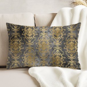 Vintage Damask Charcoal and Gold Distressed Decorative Cushion