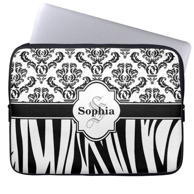 Vintage Damask Cool Zebra Stripes Laptop Sleeve (Front)