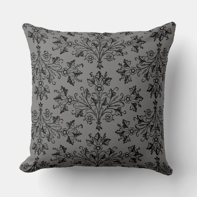 Vintage Damask Daisy Floral Black Grey Cushion (Front)