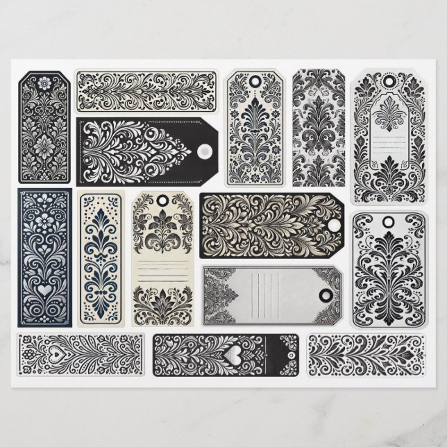 Vintage Damask Design Junk Journal Tags (Front)