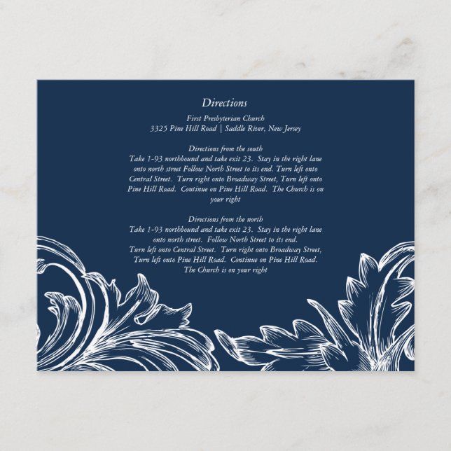 Vintage Damask Direction Card Navy Blue & White (Front)
