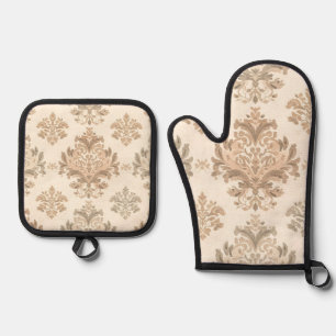 Vintage Damask Elegant Beige French Farmhouse Oven Mitt & Pot Holder Set