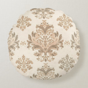 Vintage Damask Elegant Beige French Farmhouse Round Cushion