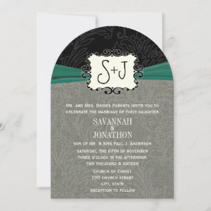 Vintage Damask Emerald Green Black Wedding Invitation