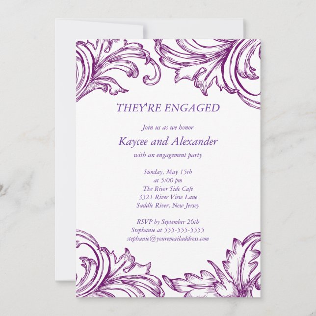 Vintage Damask Engagement Invitations Purple (Front)