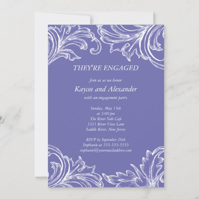 Vintage Damask Engagement Invitations Violet (Front)
