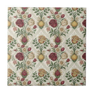 Vintage Damask & English Rose Floral Pattern Art Tile