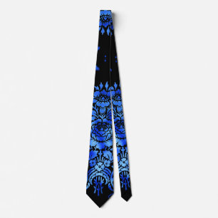 Vintage Damask Floral Blue Black Tie