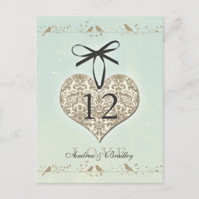 Vintage Damask Heart Mint Gold Table Number Postcard (Front)