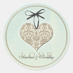 Vintage Damask Heart Mint Personalised Wedding Classic Round Sticker