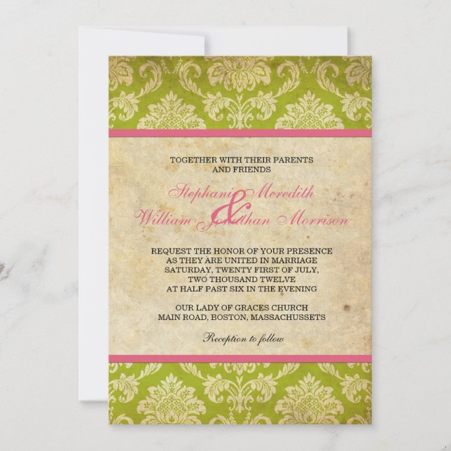 Vintage Damask Invitation in Pink and Green (Front)