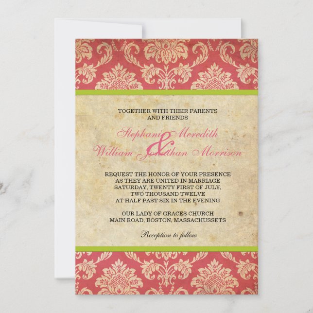 Vintage Damask Invitation in Pink and Green (Front)