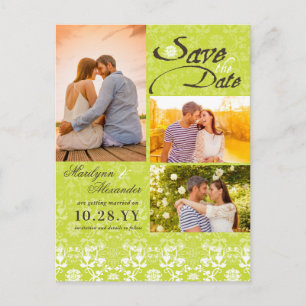 Vintage Damask Lace Lime Green Photo Save The Date Announcement Postcard