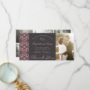 Vintage Damask Lace Pink & Black Photo Wedding Thank You Card