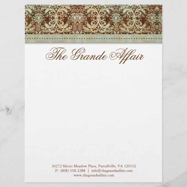 Vintage Damask Letterhead Brown Green Design (Front)