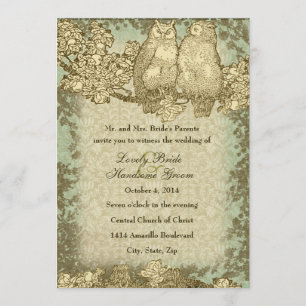 Vintage Damask Mr. and Mrs. Owl Wedding Invitation