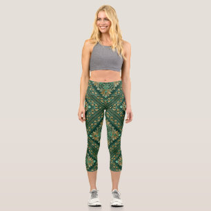 Vintage Damask Pattern - Emerald green and gold Capri Leggings