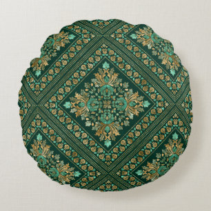 Vintage Damask Pattern - Emerald green and gold Round Cushion