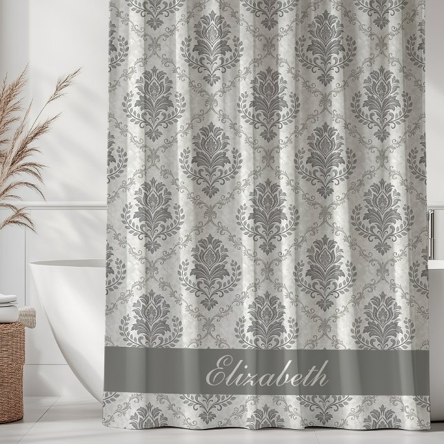 Vintage Damask Pattern Grey Monogram Name Shower Curtain (Creator Uploaded)