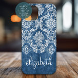 Vintage Damask Pattern - Grungy Sapphire Blue iPhone 16 Case<br><div class="desc">A vintage pattern with a chalkboard and lace design. Look closely to the flowers and leaves. A trendy design with jewel tone colours and elegance. Items are easier to customise when you replace all text and photos first. If your art still needs to be adjusted, click on the Customise This...</div>