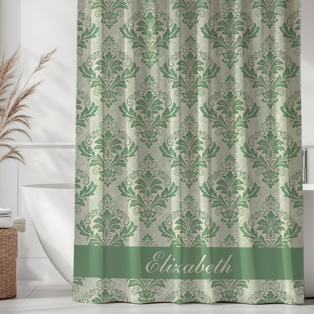 Vintage Damask Pattern Monogram Name Green Shower Curtain (Creator Uploaded)