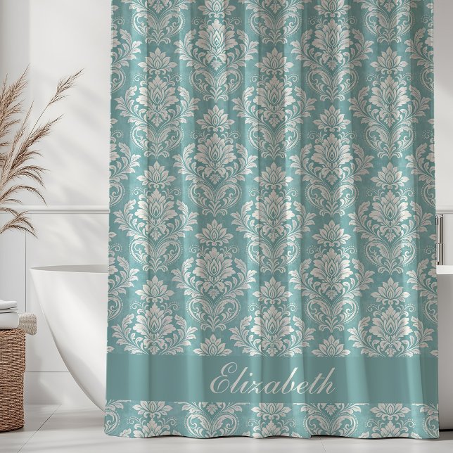 Vintage Damask Pattern Monogram Name Turquoise Shower Curtain (Creator Uploaded)