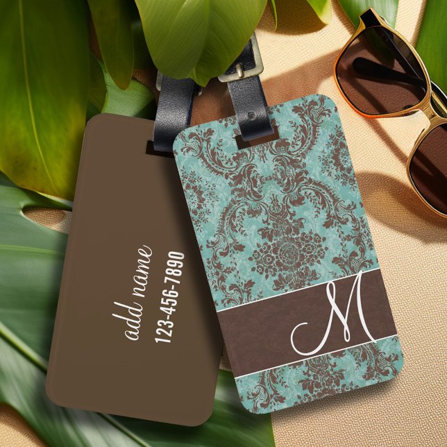 Vintage Damask Pattern with Monogram Luggage Tag (Personalized luggage tag with vintage damask pattern and monogram - add contact information on back)