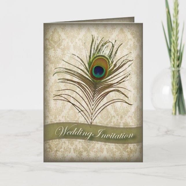 Vintage damask peacock wedding invitation (Front)