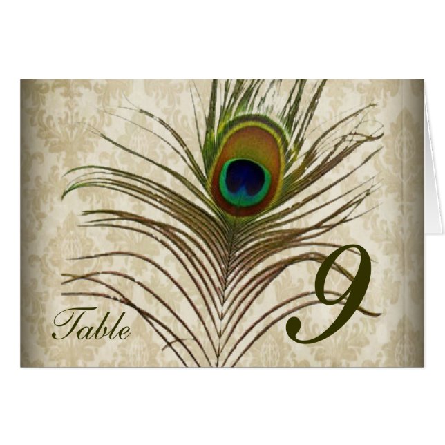 Vintage damask peacock wedding table number card (Front Horizontal)