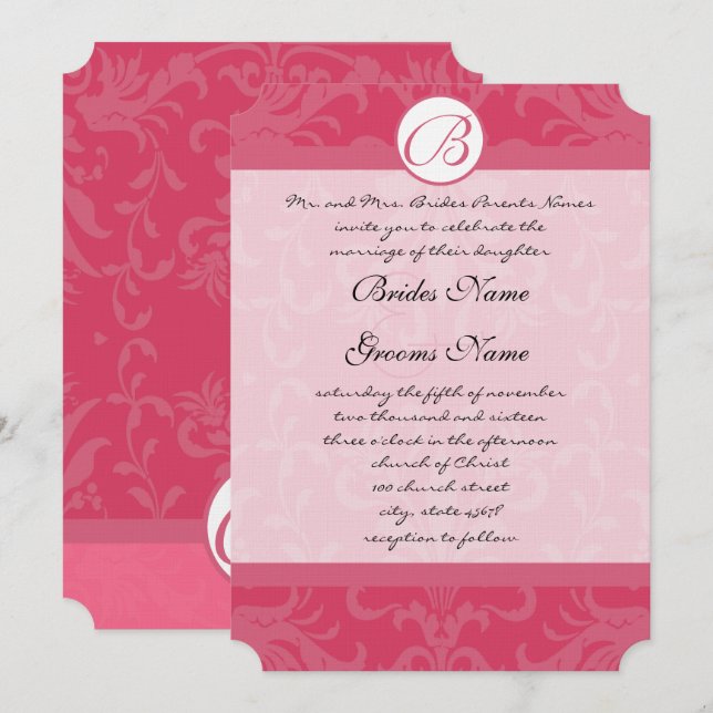 Vintage Damask Pink Monogram Wedding Invitations (Front/Back)