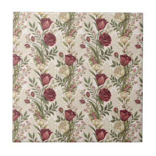 Vintage Damask Rose Garden Floral Pattern Artwork Tile
