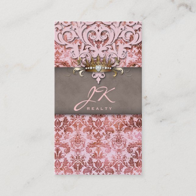 Vintage Damask Rose Gold Elegant Crown Business Card (Front)