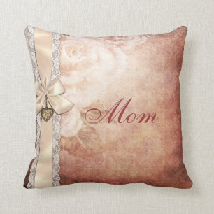 Vintage Damask Roses, Heart & Ribbon Mum Pillow