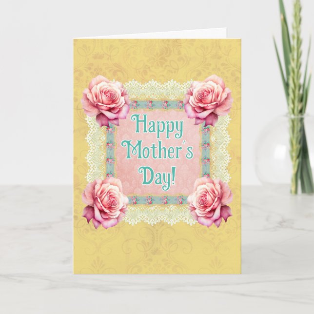 Vintage Damask Roses Lace Personalised Card (Front)