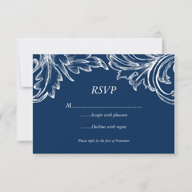 Vintage Damask RSVP Response Card NAVY White (Front)