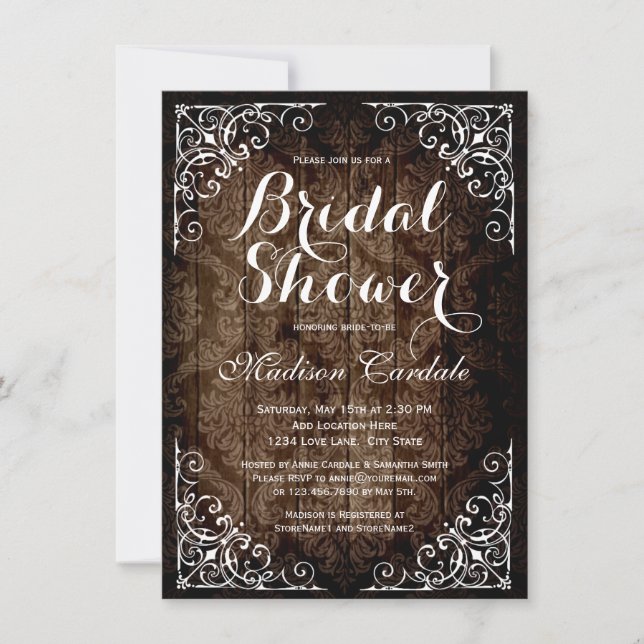 Vintage Damask Rustic Bridal Shower Invitations (Front)
