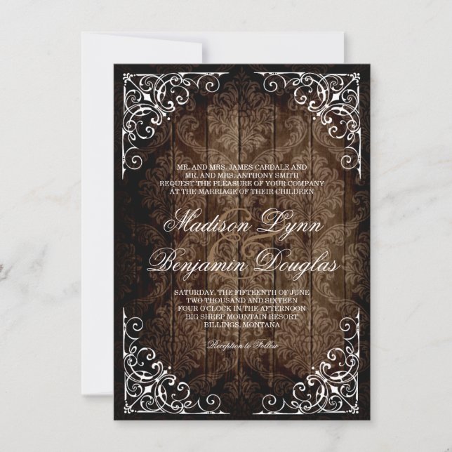 Vintage Damask Rustic Country Wedding Invitations (Front)